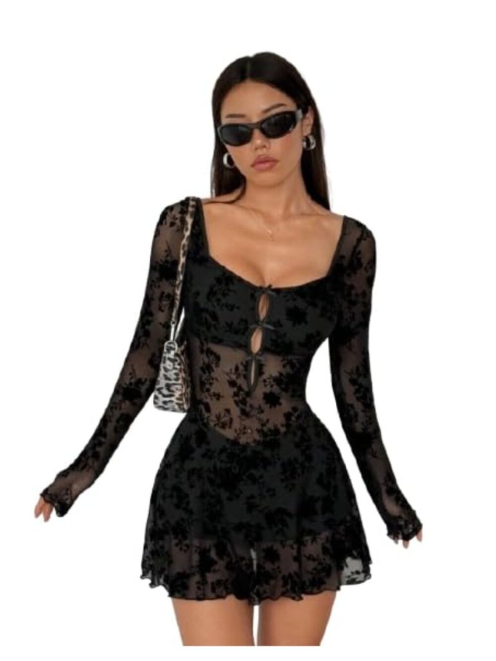 WDIRARA Women's Mesh Mini Dress Long Sleeve Backless Bow Fit Flare